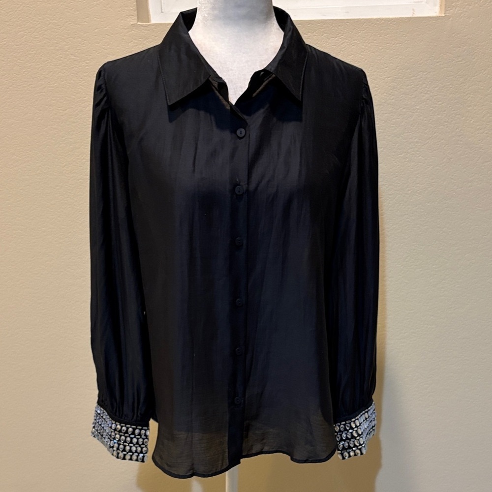 Bailey 44 Black Button Down Shirt with Rhinestone Patterned Cuffs-Size L